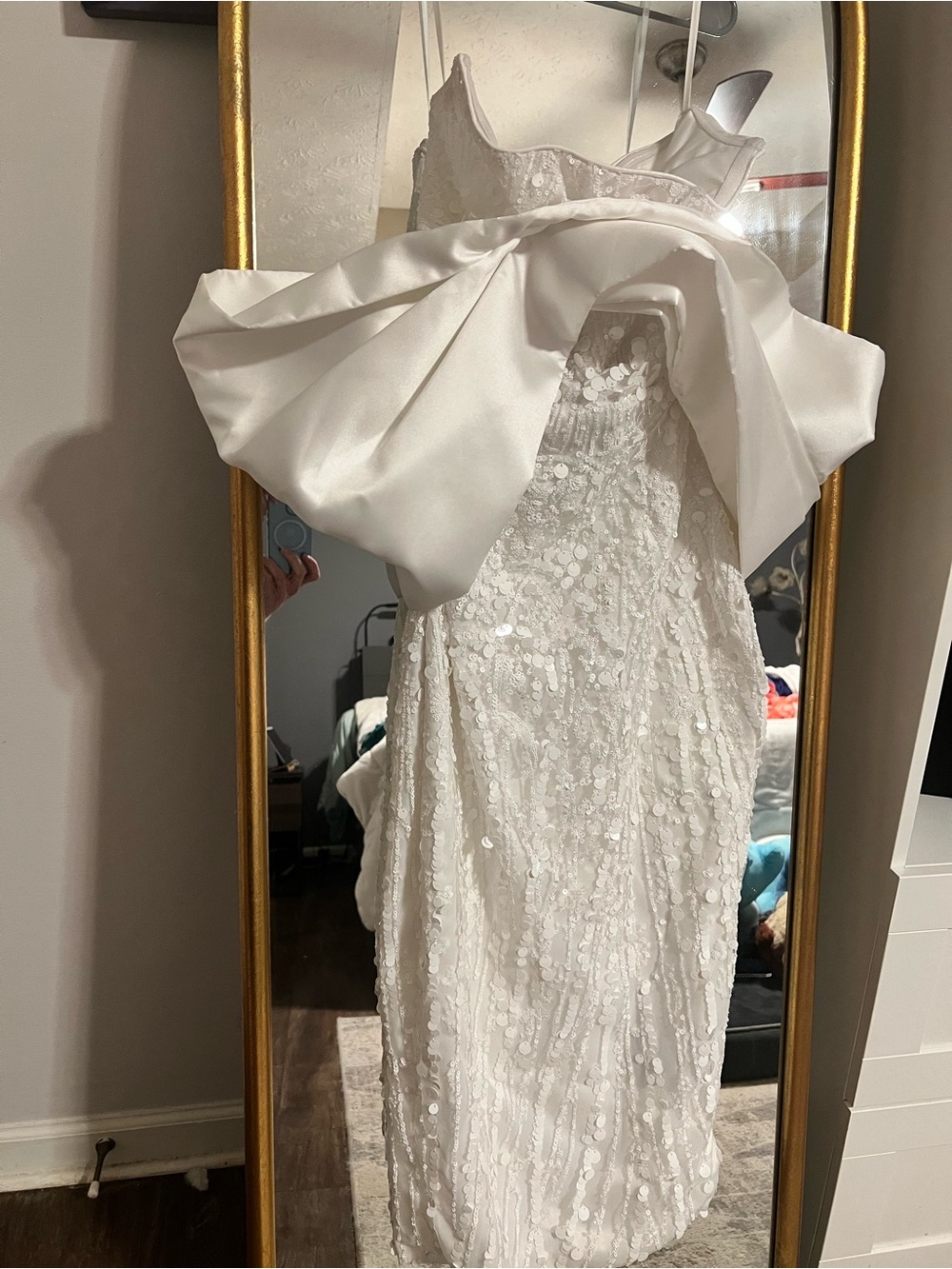 White Sequin Mini Dress with Bow Detail